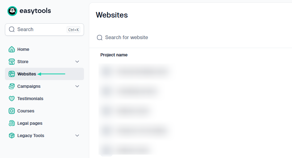 Easytools: In the sidebar menu, click “Websites.”