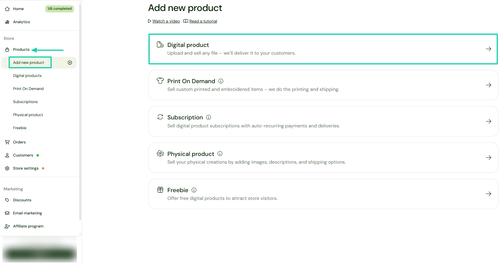 Sellfy: products showing “Products” — digital product