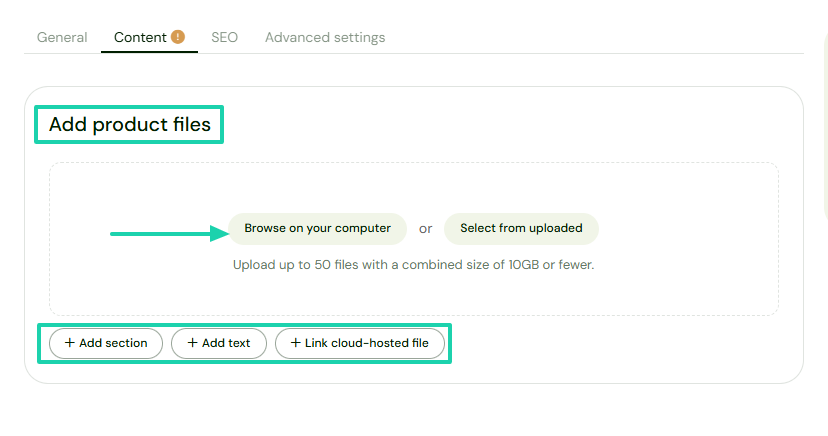 Sellfy: You can add sections, text, or link cloud-hosted files.