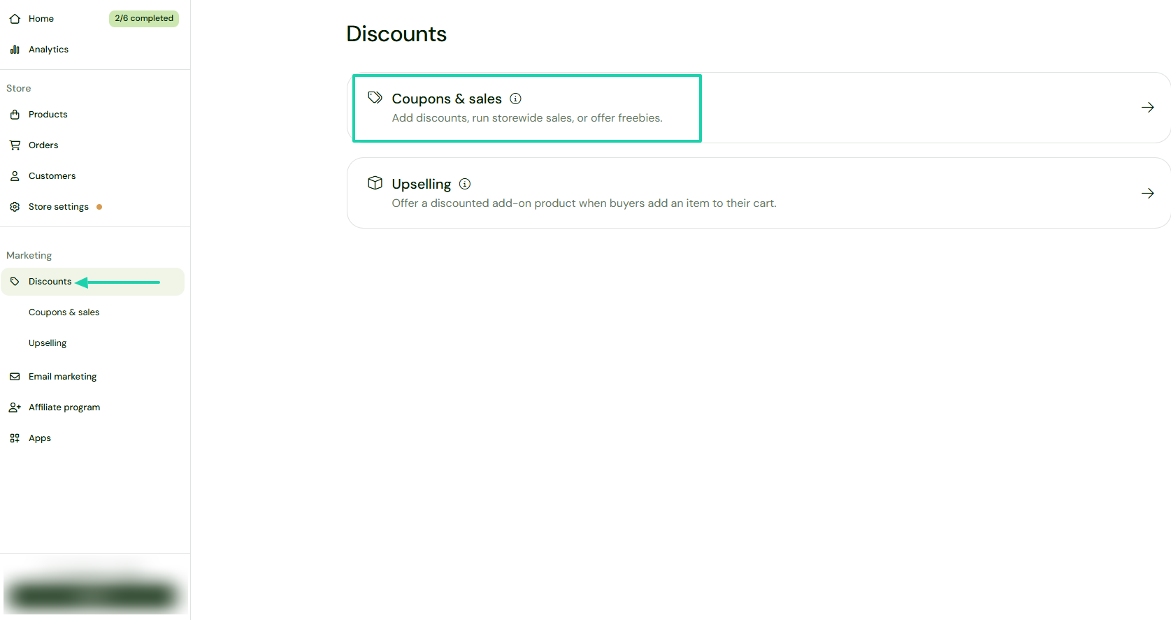 Sellfy: discounts showing “Coupons & sales”