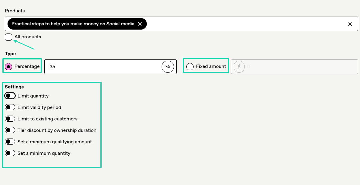 The discount you create can be either a percentage or a fixed amount.