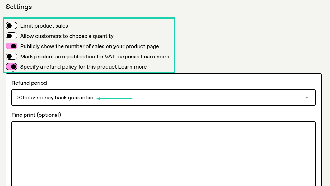 Gumroad: You can even mention the refund period.