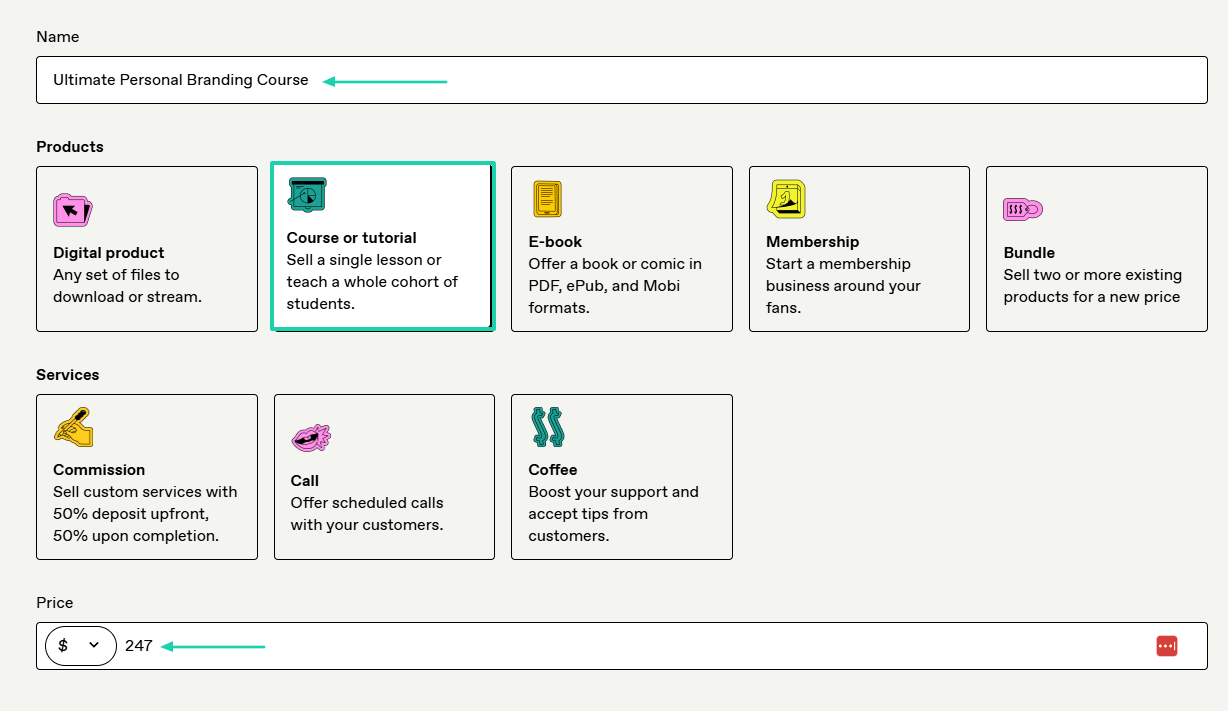 Gumroad: products showing “Course or tutorial”