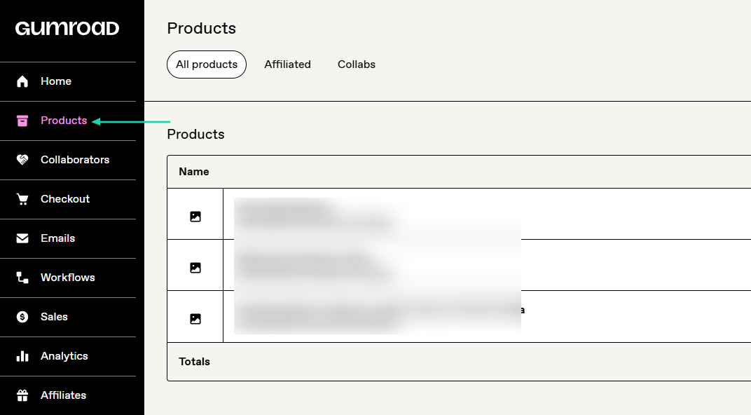 Gumroad: products showing “Products” — course builder