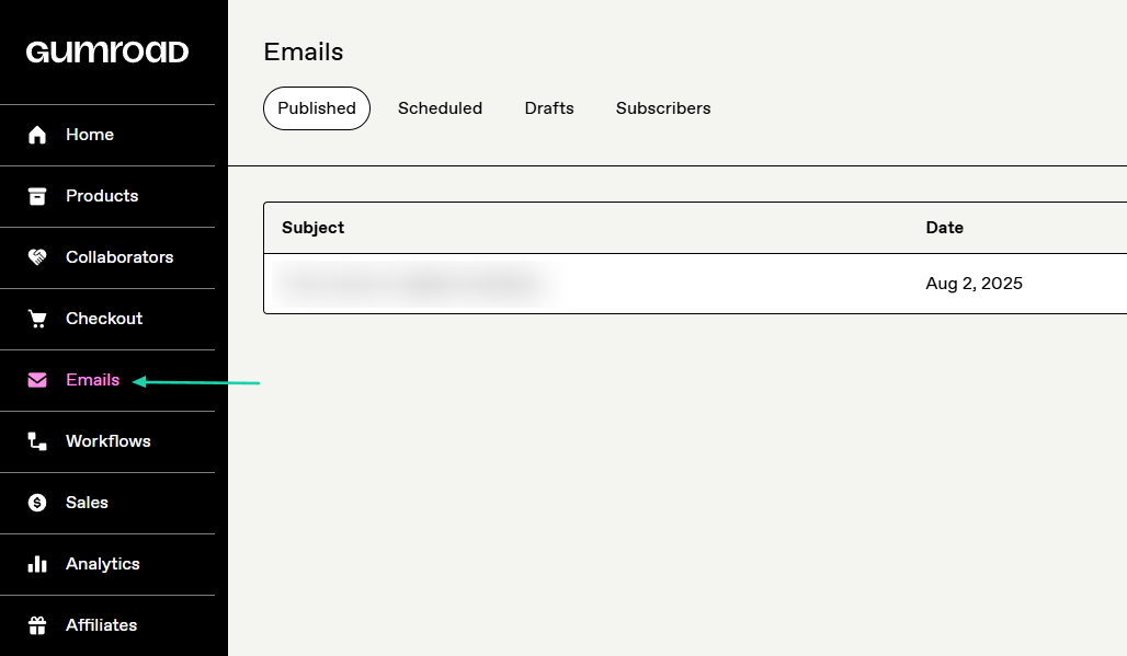 Gumroad: emails showing “Emails”