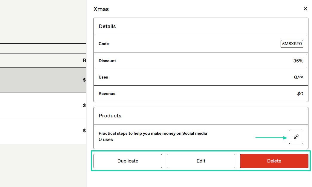 Gumroad: You can also duplicate, edit, or delete it.