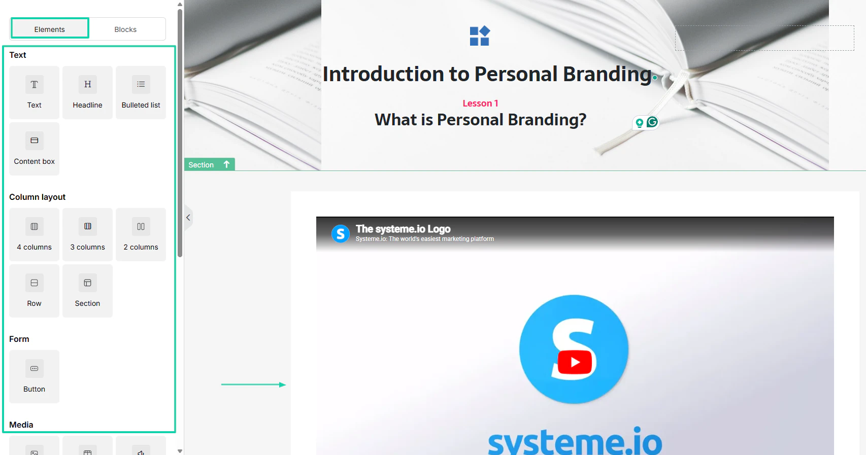 Systeme.io: course builder screenshot — email editor
