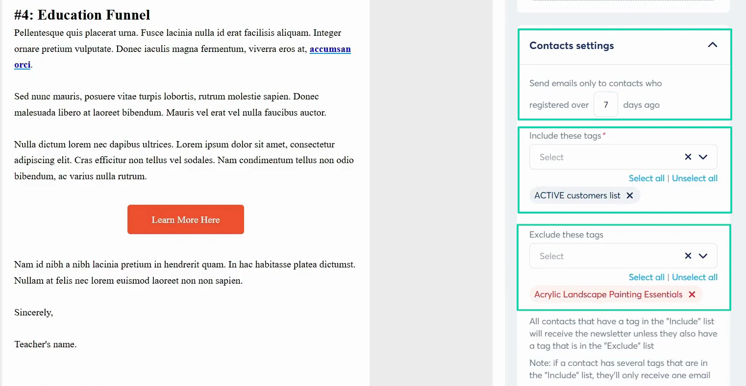What remains is to specify the recipients of the email and to add or remove tags.