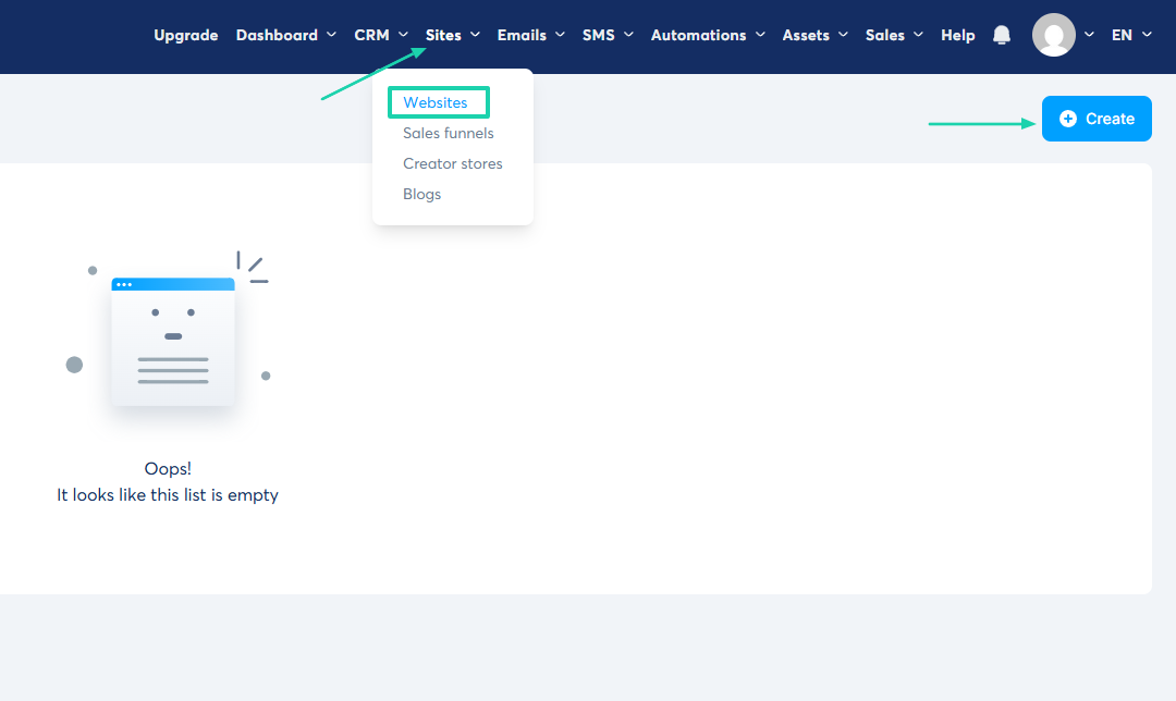 Systeme.io: websites showing “Sites”