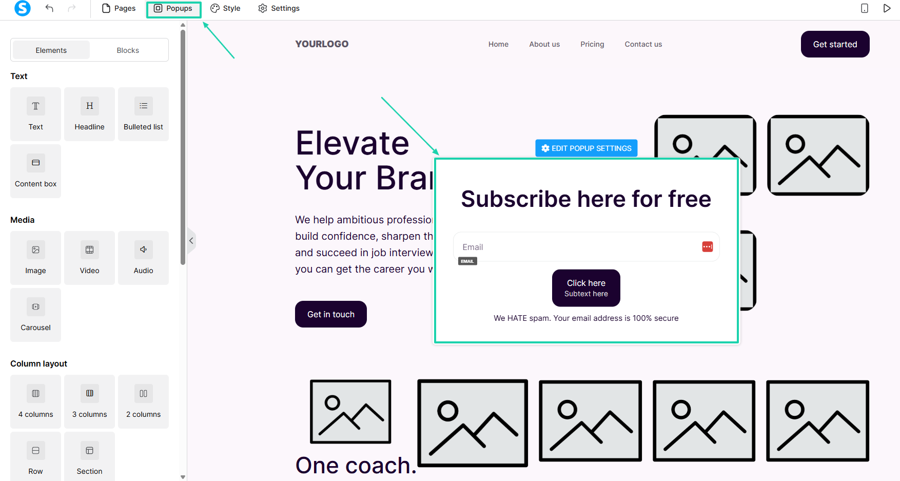 Systeme.io: You can also add popups and edit their text.