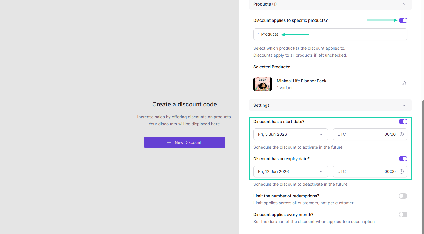 Lemon Squeezy: You can also create discounts for specific products and set a discount period.