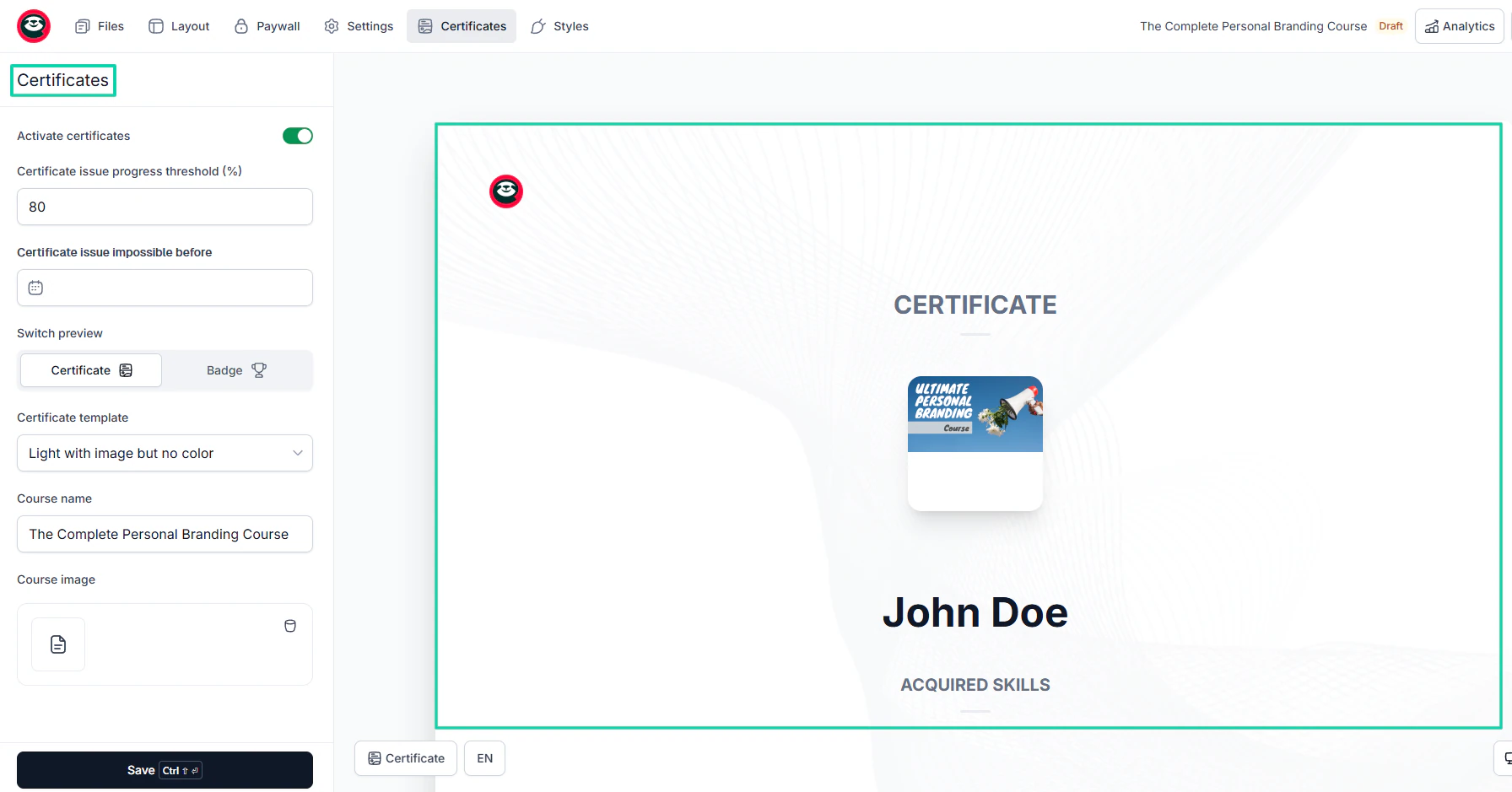 Easytools vs. ThriveCart vs. Sellfy vs. Systeme.io: checkout screenshot — course builder