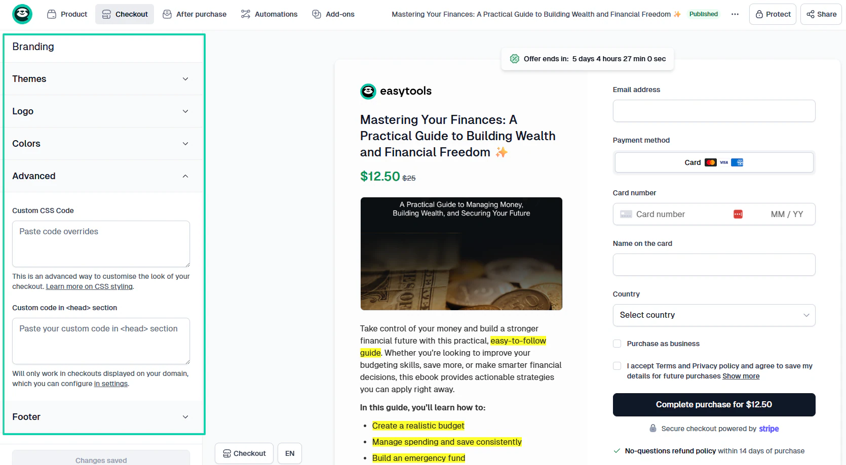 Easytools vs. ThriveCart vs. Sellfy vs. Systeme.io: branding settings showing “after purchase”
