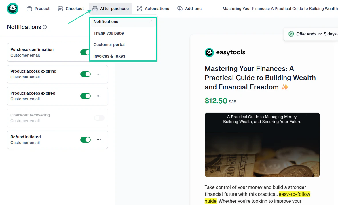 Easytools ensures you can customize notifications, the thank-you page, the customer portal, invoices, and taxes.