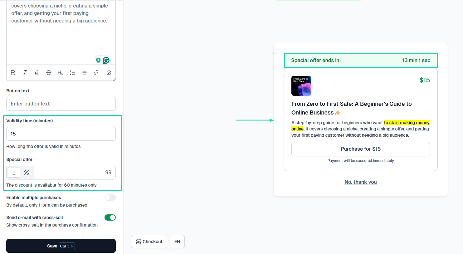 On some platforms, you can specify the validity time and special offer.