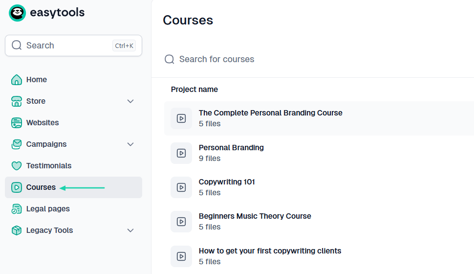 courses feature in the sidebar