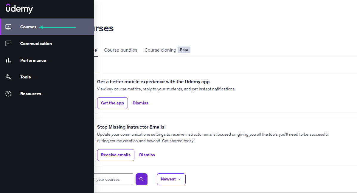 Udemy: courses showing “Courses”