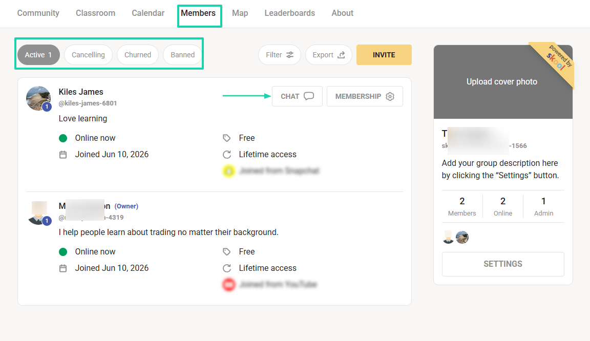 members feature on learnworlds alternative