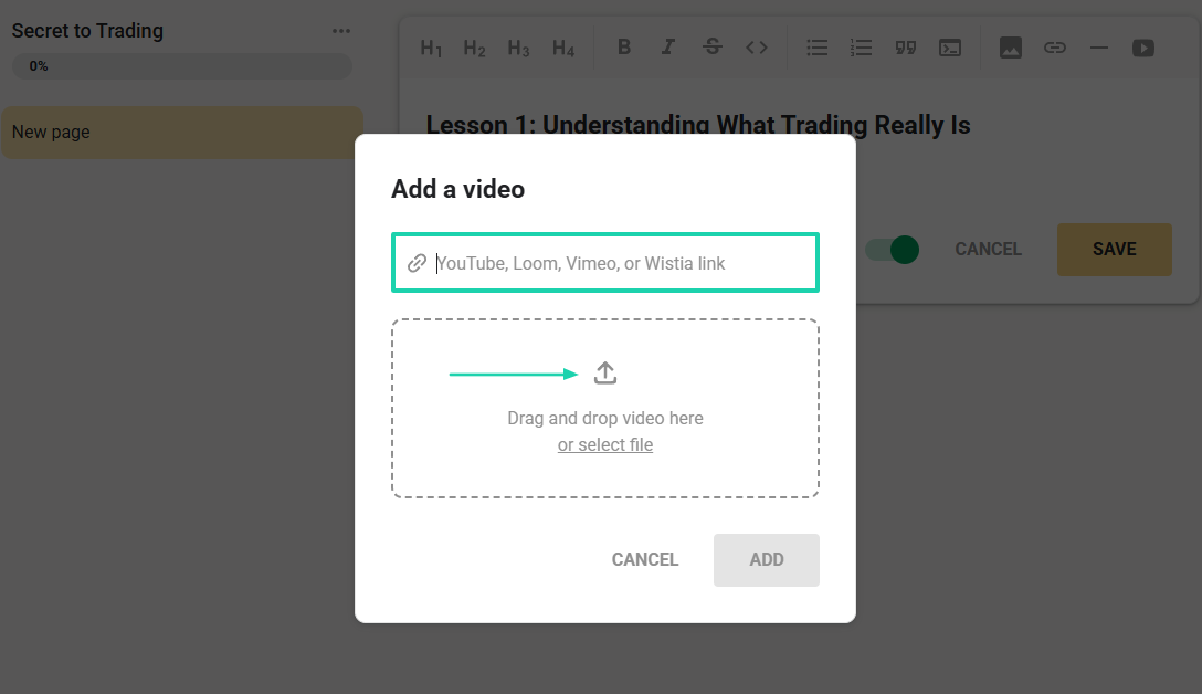 Skool: classroom showing “Publish” — course builder