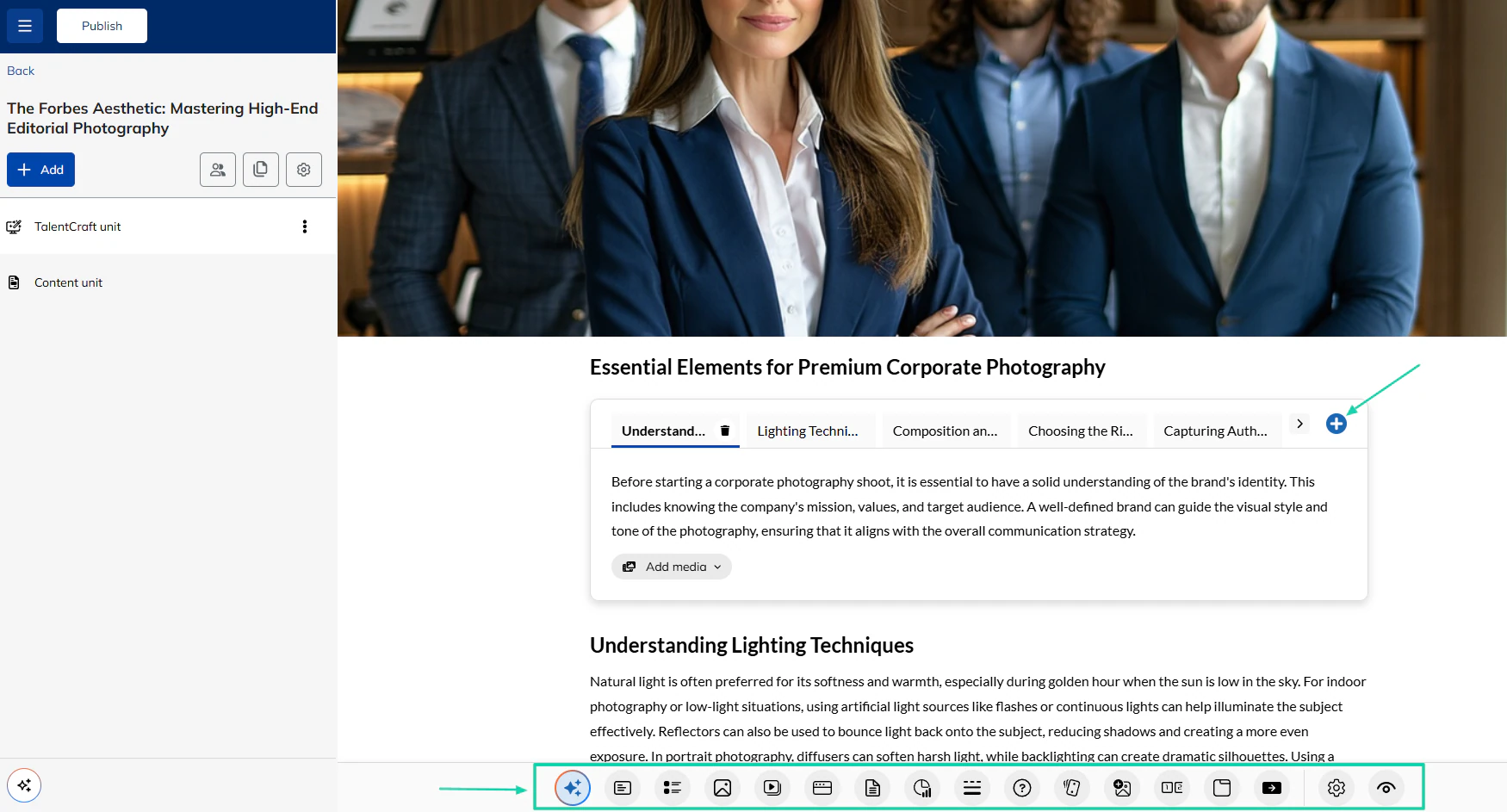 TalentLMS: You can add other sections and elements, like files, images, or videos.