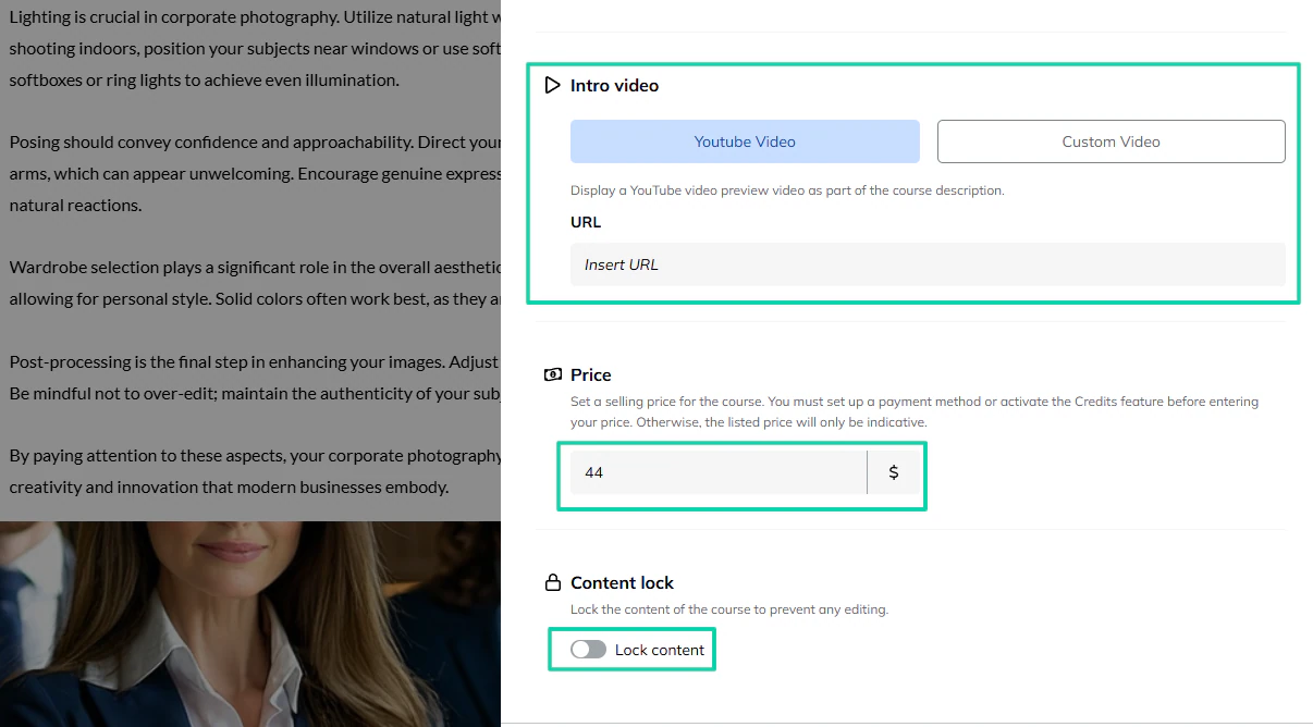 TalentLMS: You can add a YouTube video or a custom video as a preview of your course description.