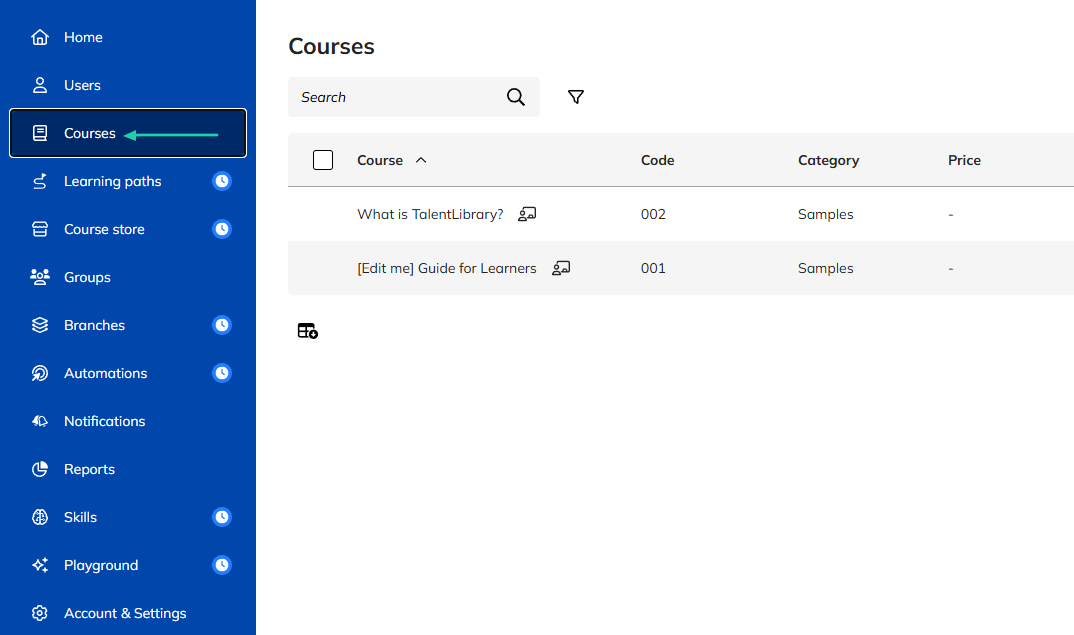 TalentLMS: courses showing “Courses”