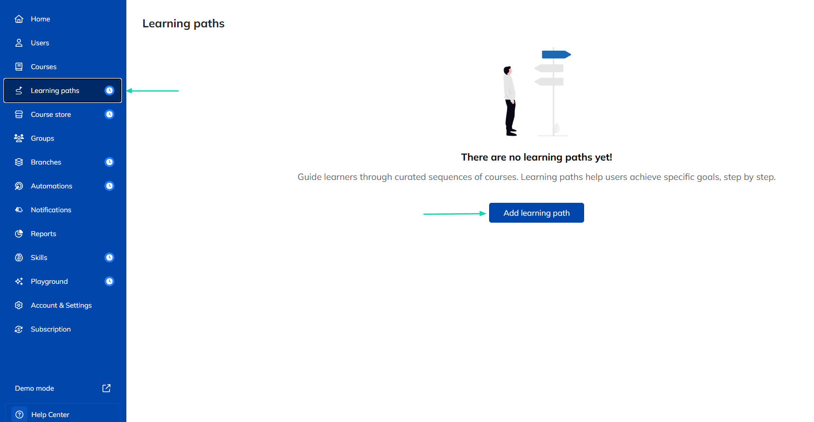 TalentLMS: learning paths showing “+ Add course”