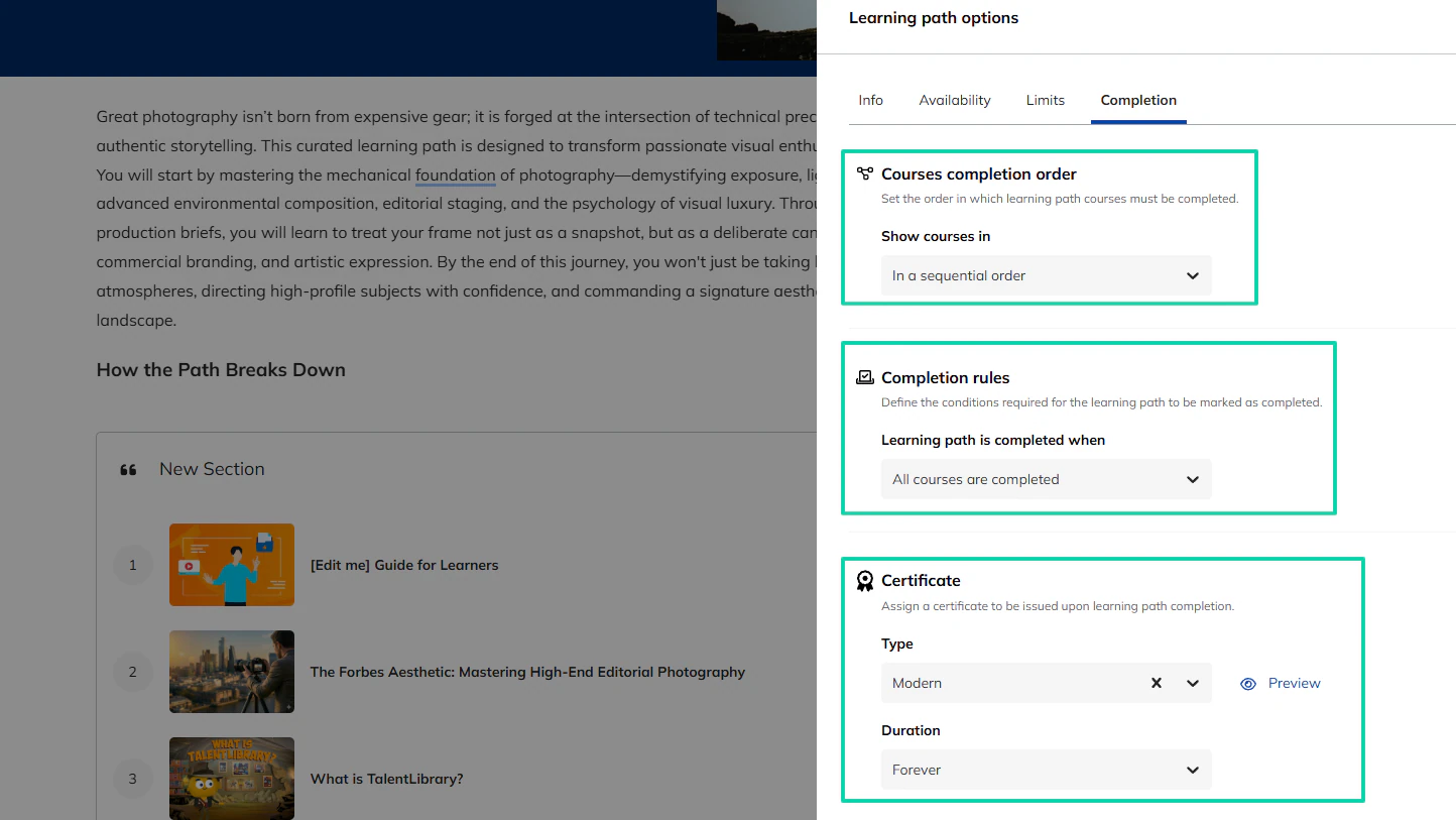 TalentLMS: You can also set the completion rules and the type and duration of the certificates you issue.