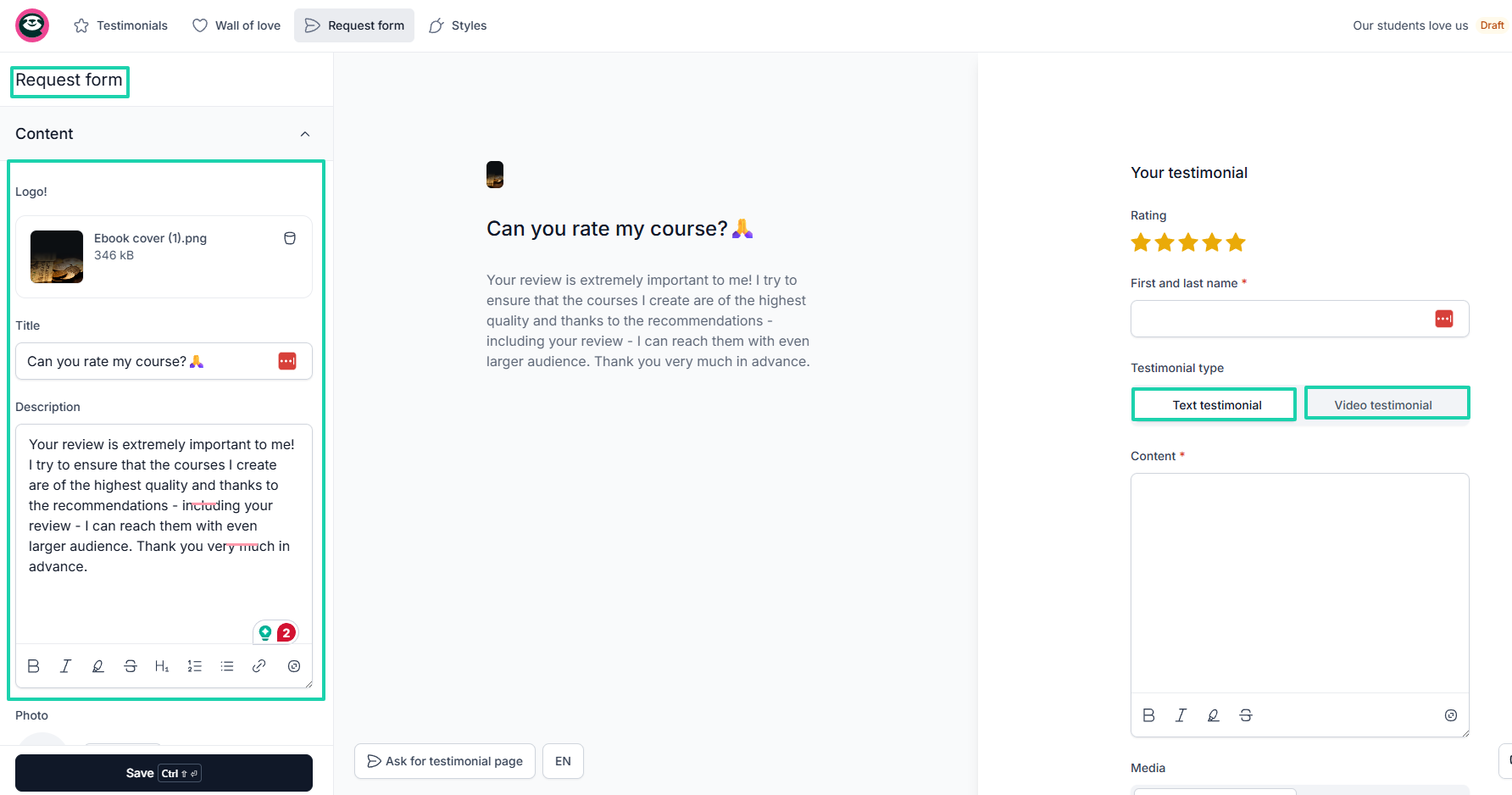 A LearnWorlds alternative like Easytools even goes a step further and lets you request and collect text and video…