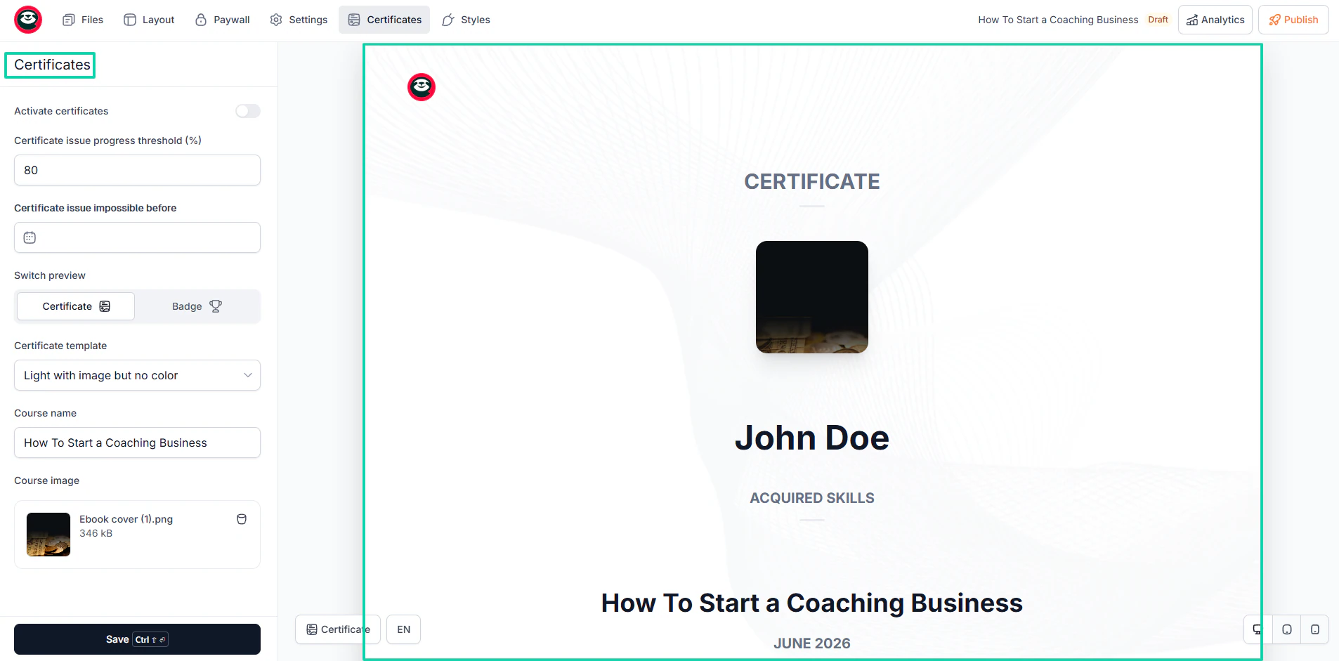 Over time, you might need to issue certificates to your students upon course completion.