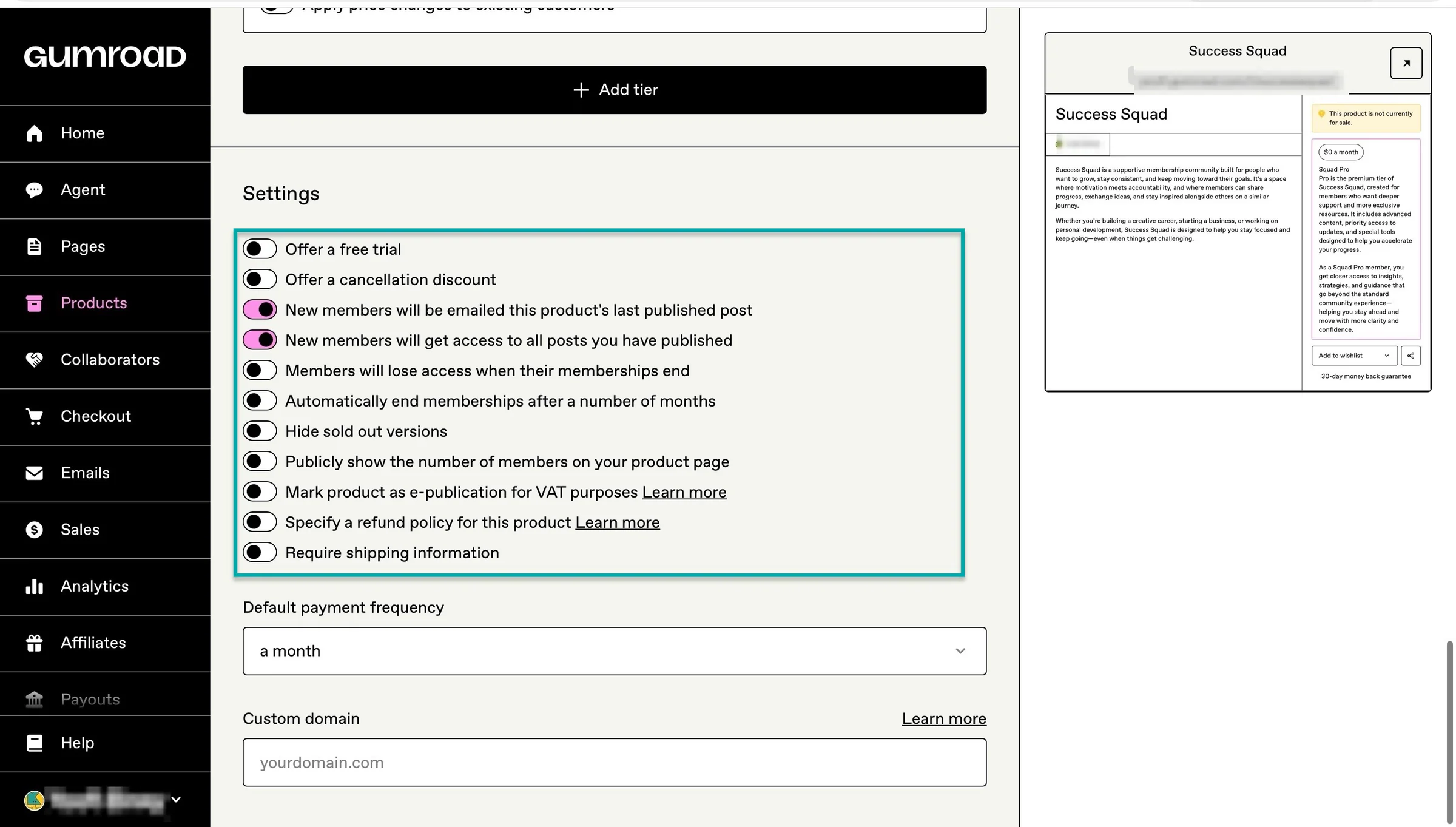 product settings on buy me a coffee alternative