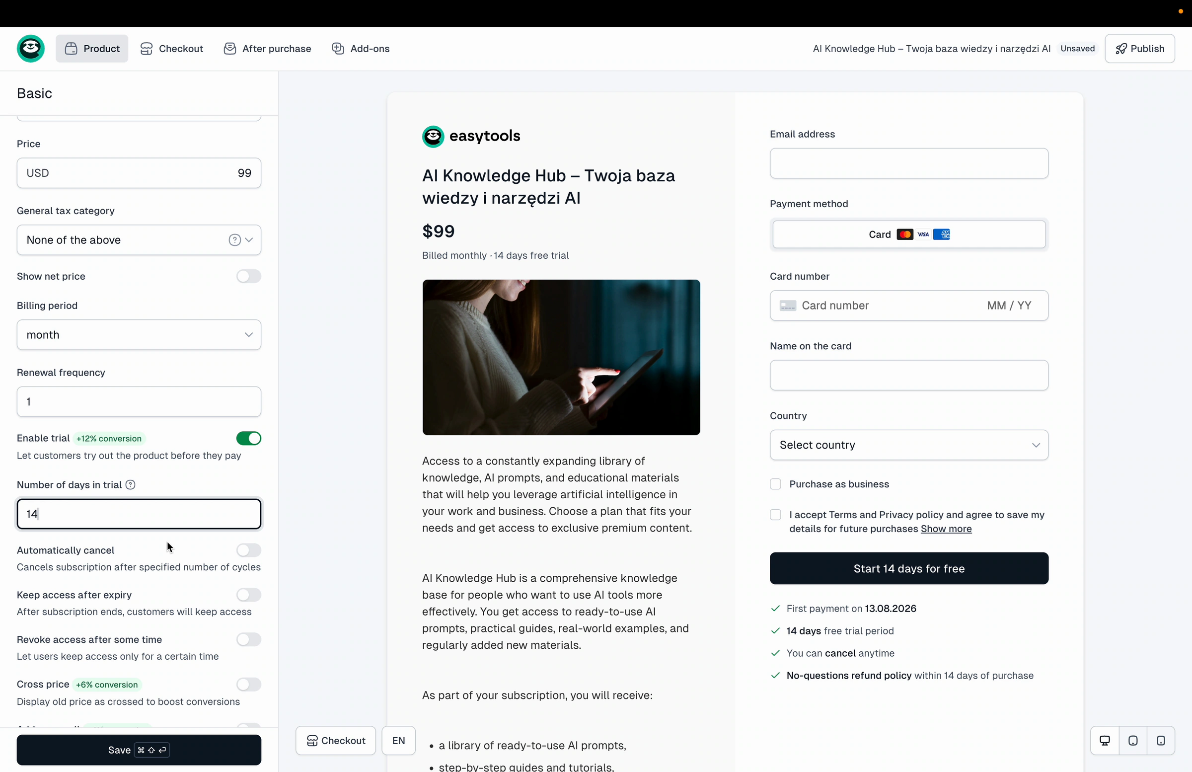 A 14-day free trial enabled on the subscription