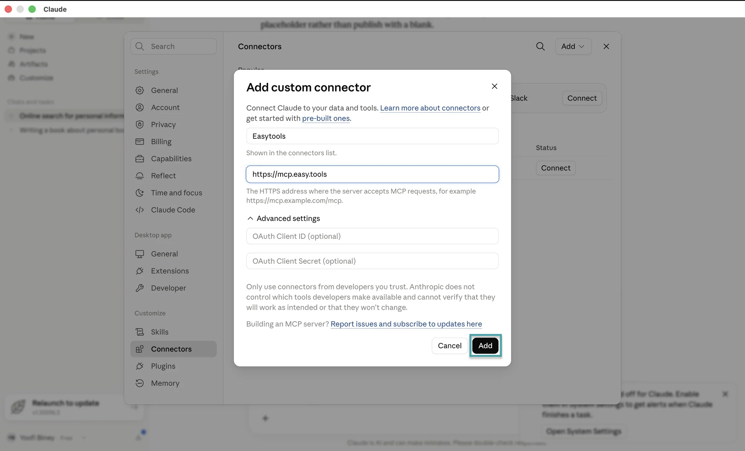 add easytools mcp on claude