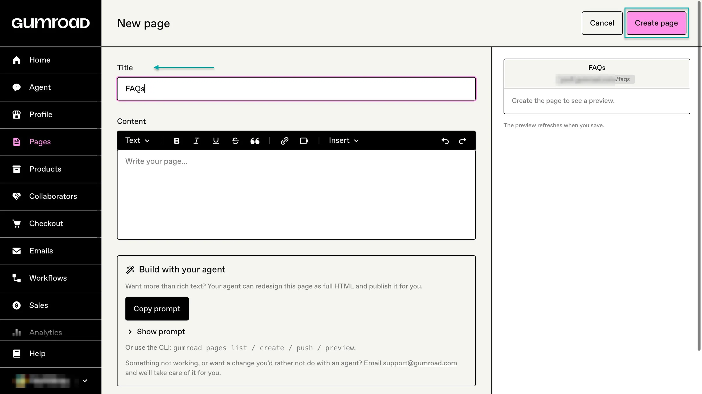 add new page on gumroad
