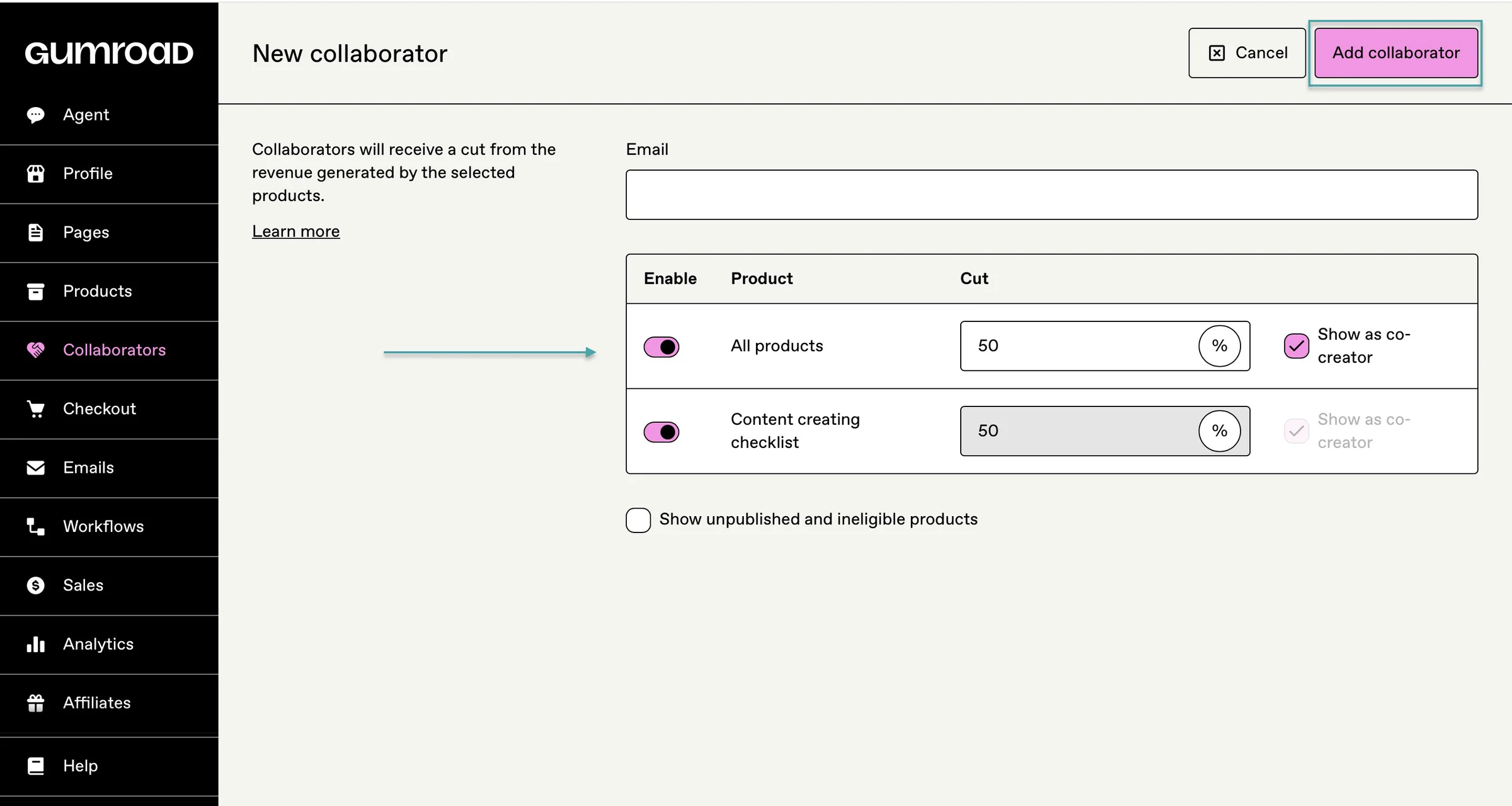add new collaborator on gumroad