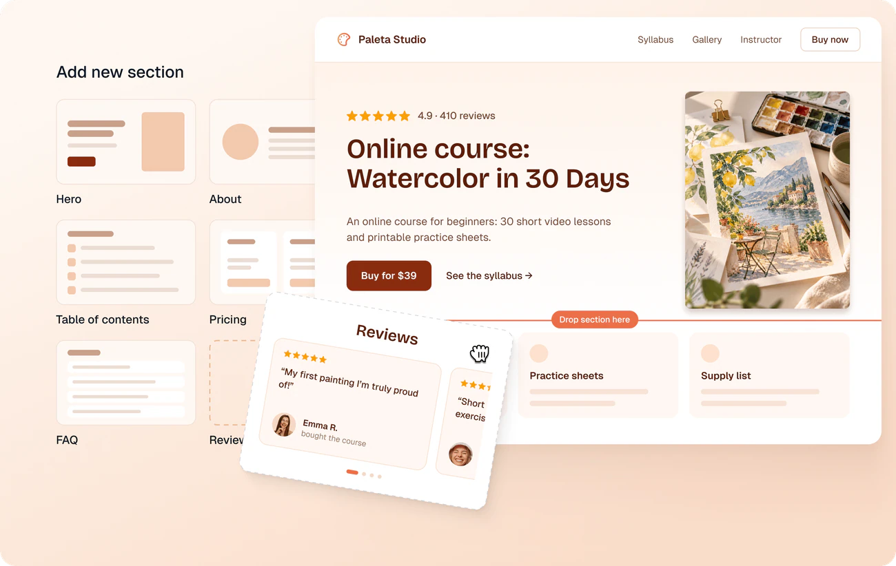 Landing page editor with drag-and-drop sections