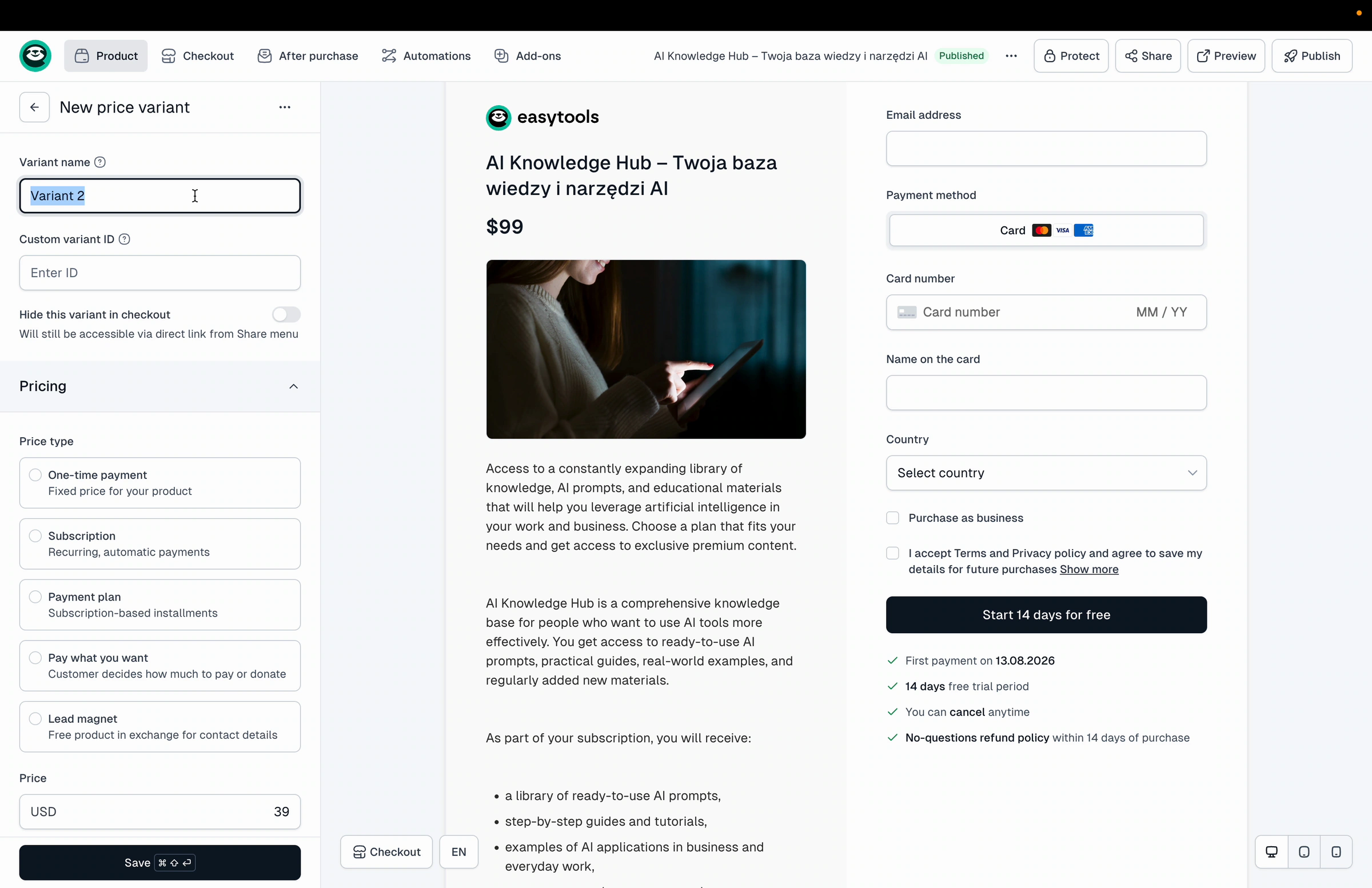 Creating a second subscription variant with its own price