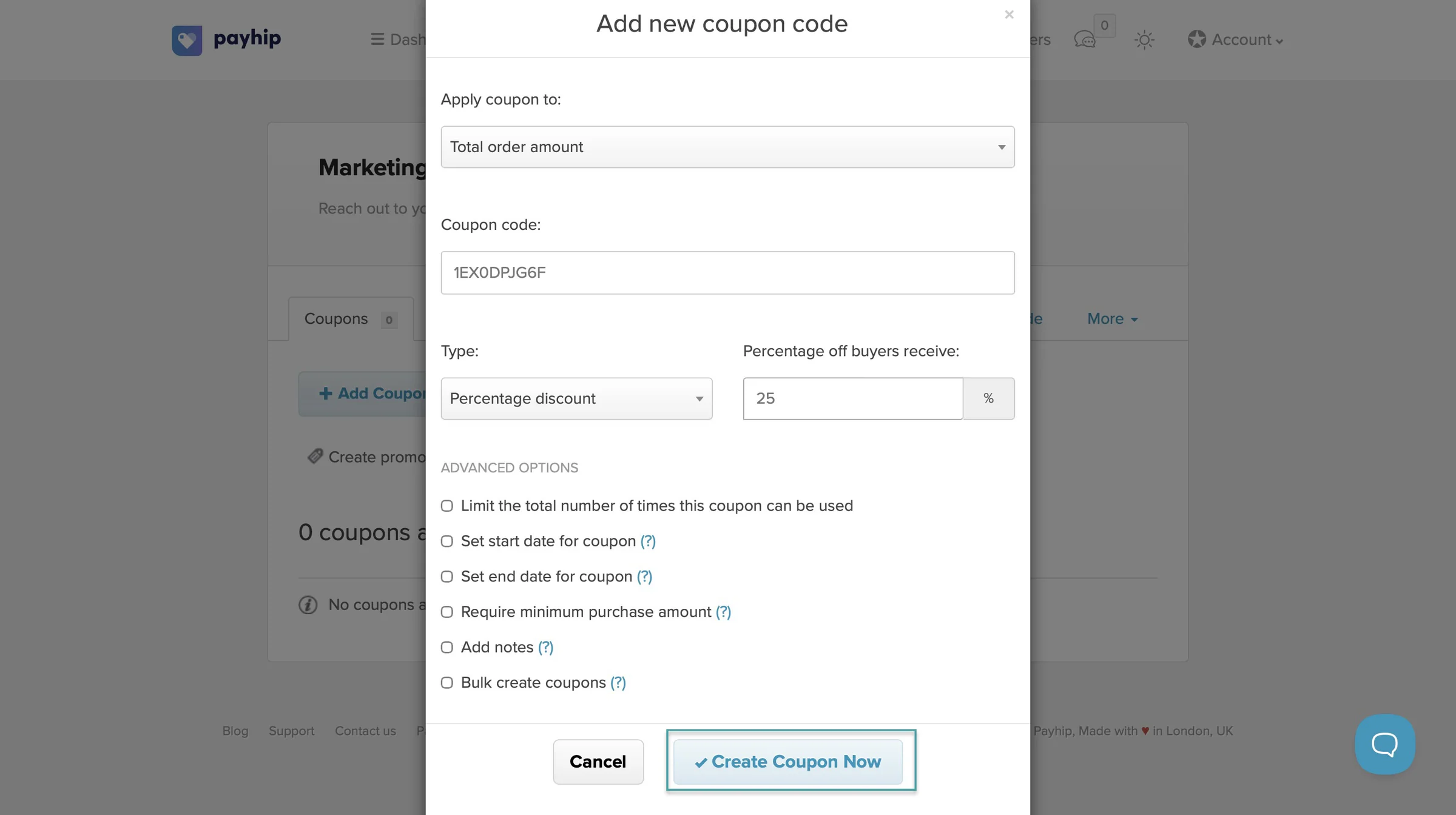 add new coupon code on payhip