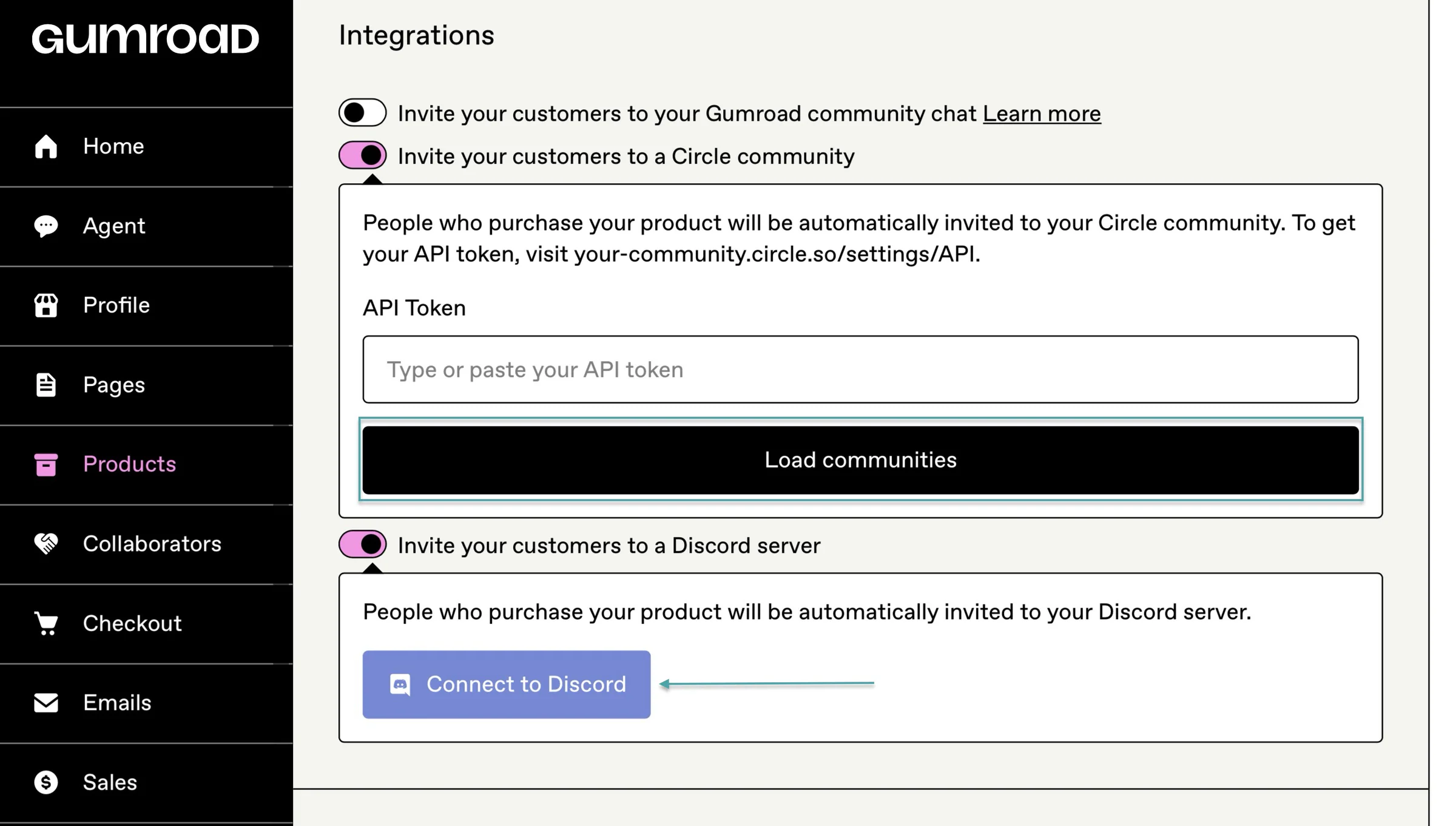 circle and discord integration on gumroad