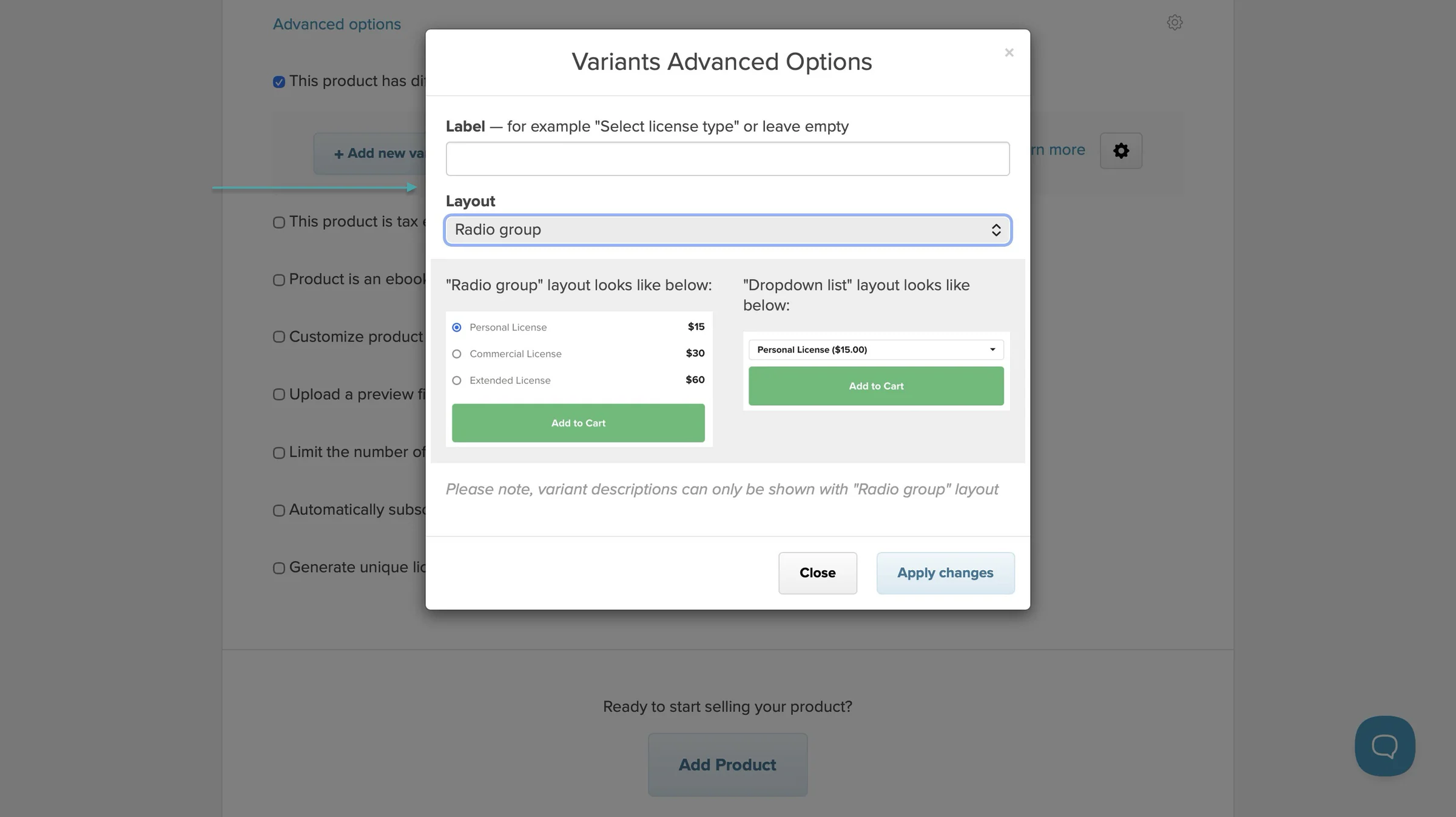 variants advance options on payhip