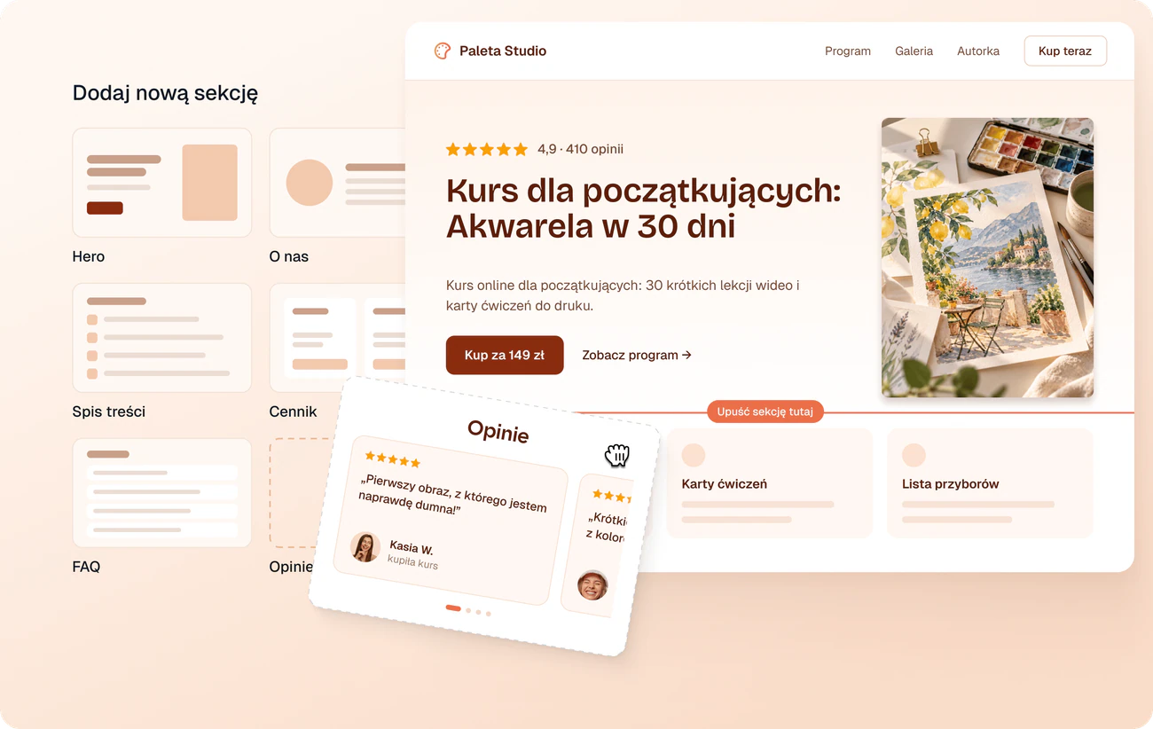 Edytor landing page z sekcjami przeciąganymi metodą drag-and-drop