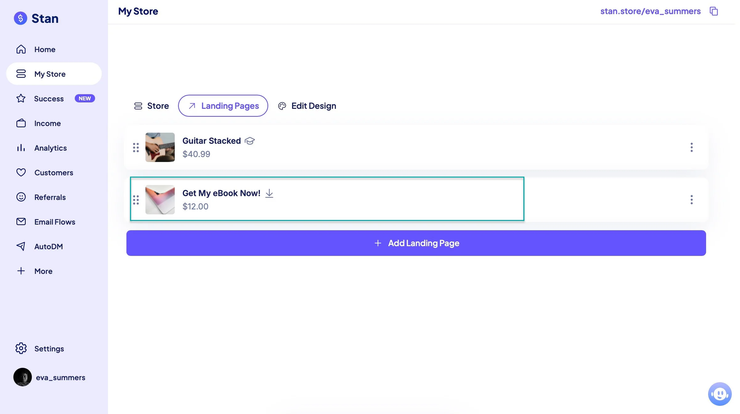 landing page created on stan store