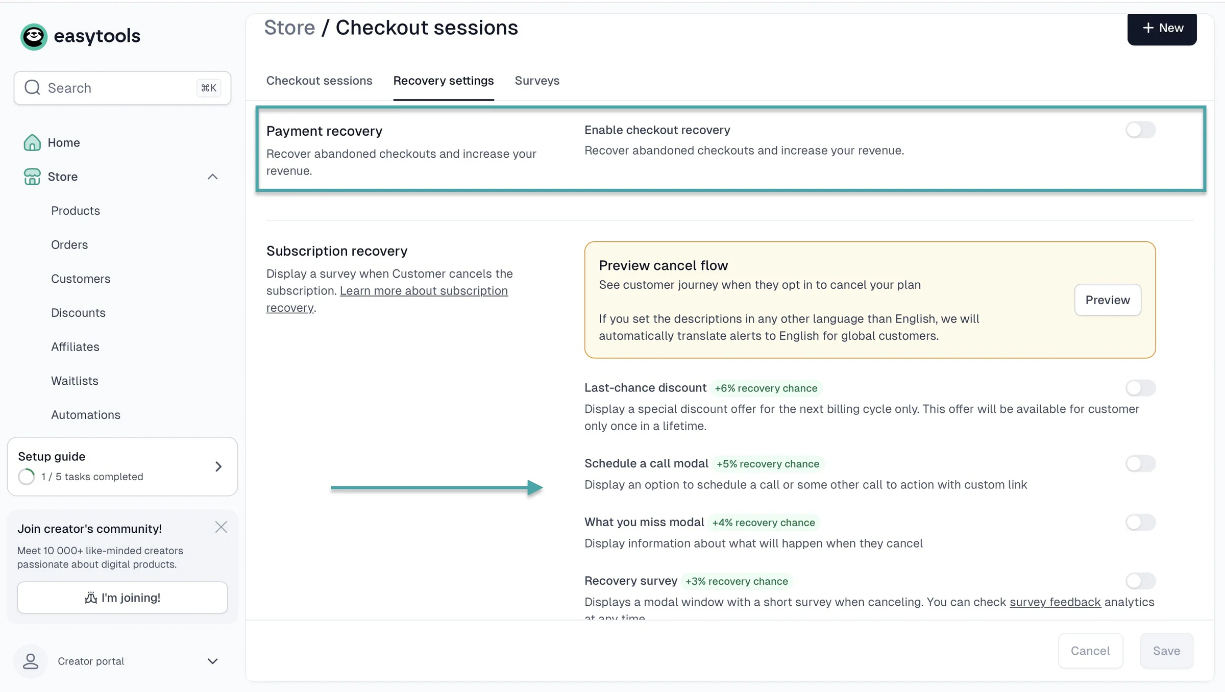 checkout recovery settings