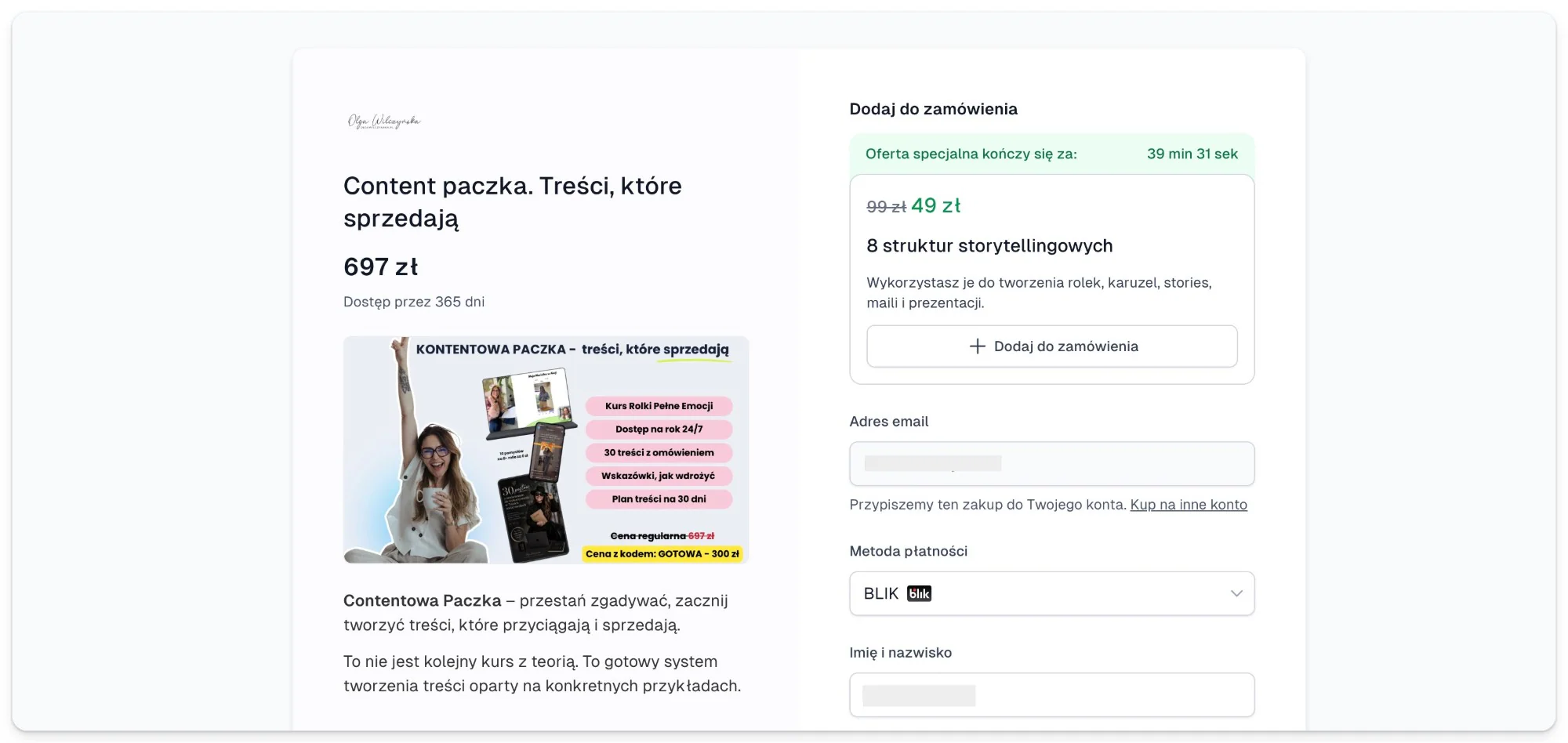 Koszyk Easytools z Content paczką Olgi Wilczyńskiej i order bumpem: 8 struktur storytellingowych za 49 zł zamiast 99 zł