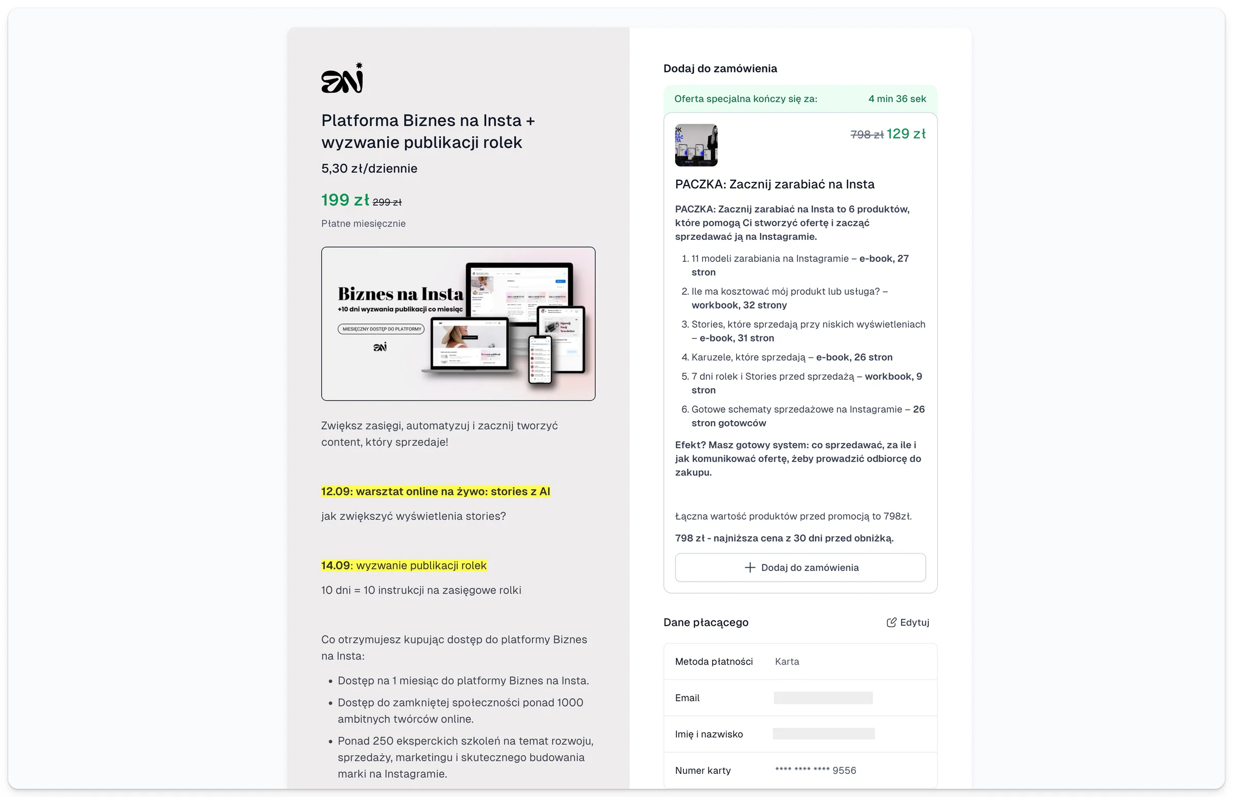Koszyk Biznes na Insta w Easytools z order bumpem „PACZKA: Zacznij zarabiać na Insta”
