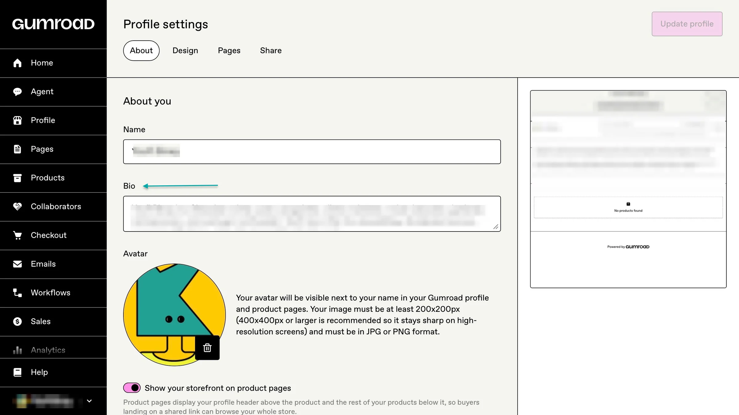 payhip vs gumroad - profile settings