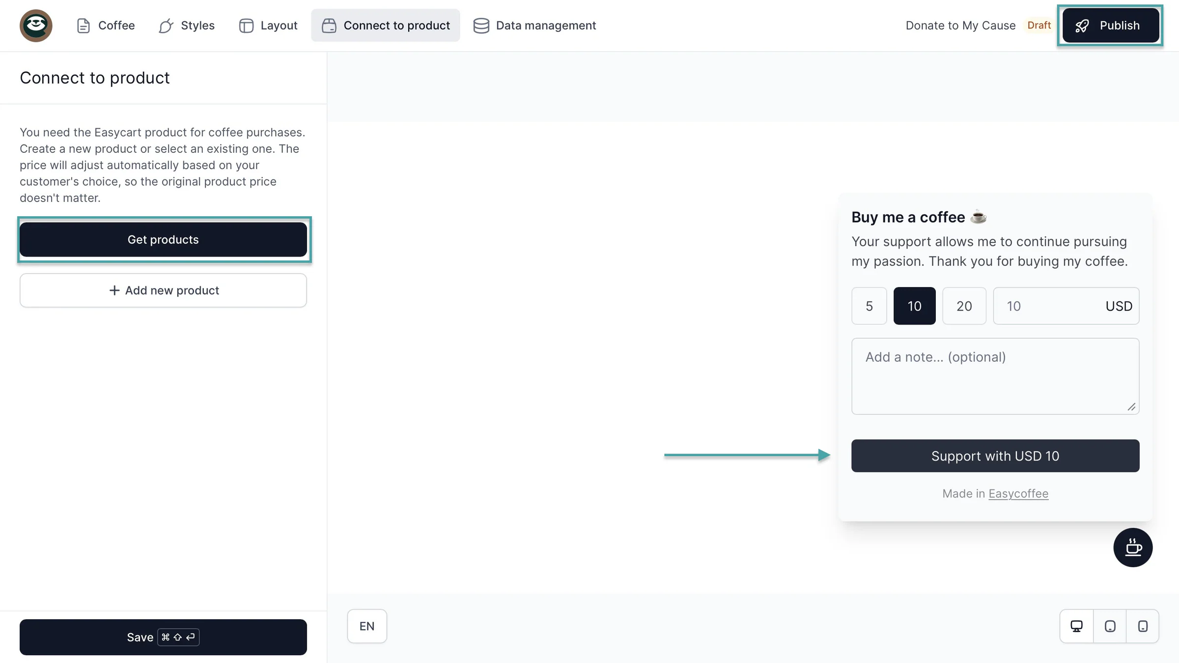 publish donation widget