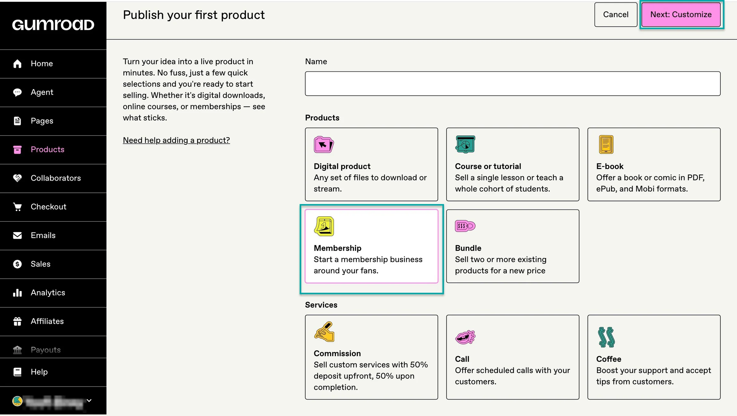 product type on gumroad