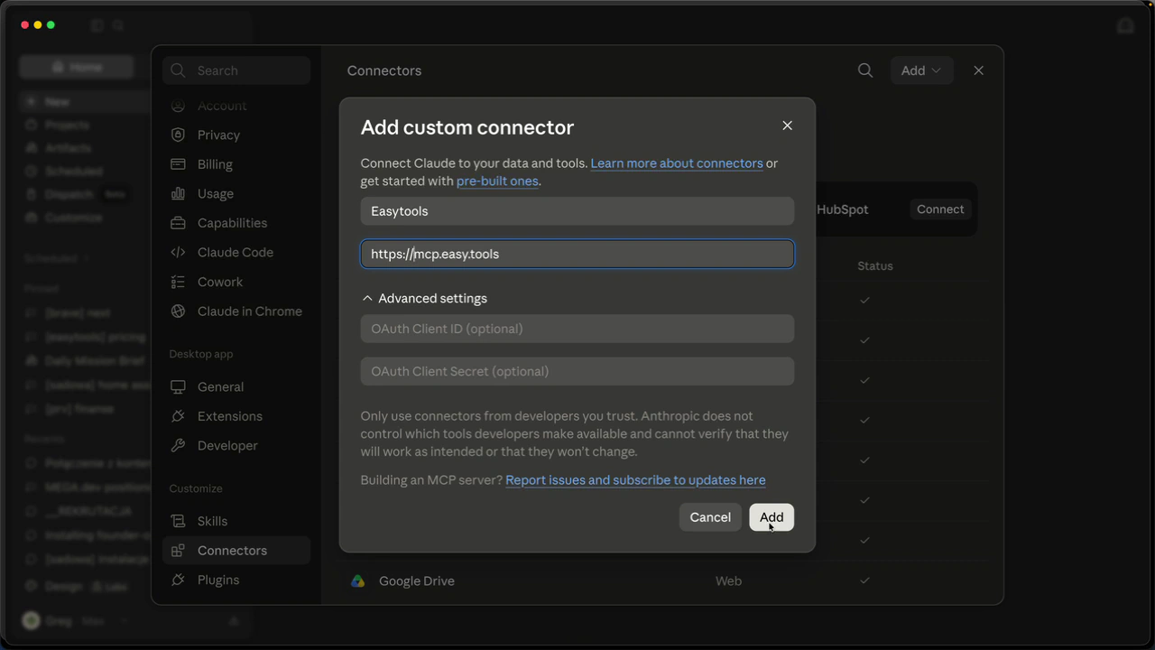 Give the connector a name and paste the https://mcp.easy.tools address