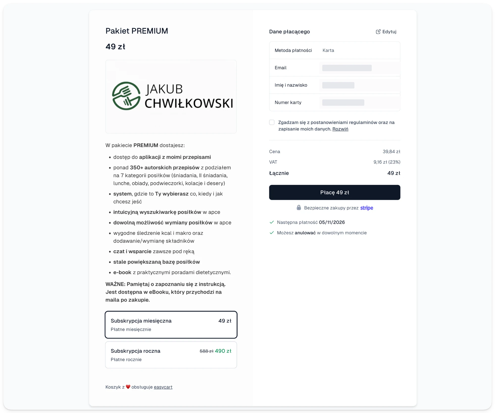 Easytools checkout with Jakub Chwiłkowski's PREMIUM package: a monthly subscription for PLN 49 or a yearly one for PLN 490 instead of PLN 588